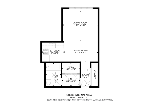 Floor plan for studio, 1 bath, 409 sqft
